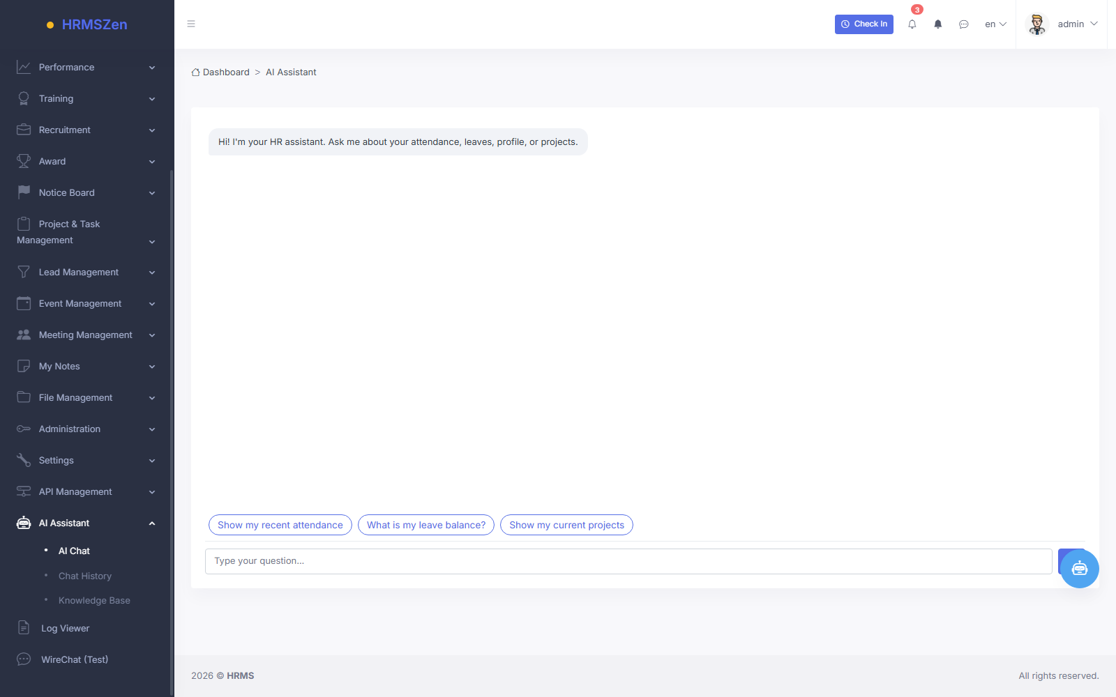 HRMS AI Assistant answering an employee's HR question inside the app