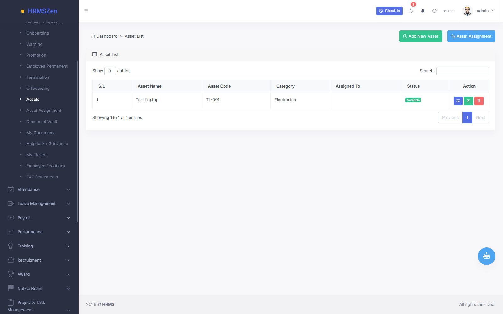 Asset Tracking & Assignment screenshot from the HRMS application