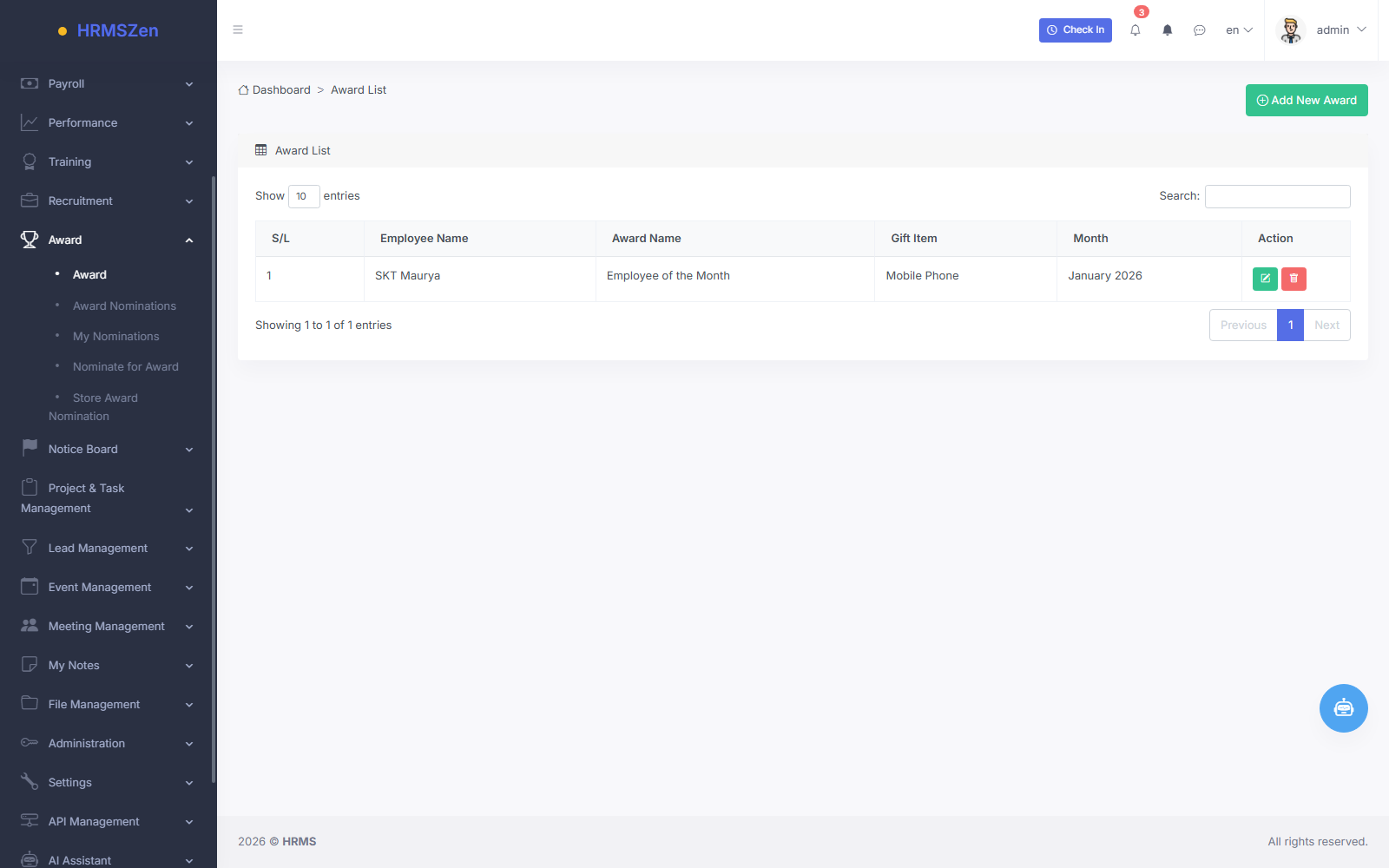 Awards & Peer Nominations screenshot from the HRMS application