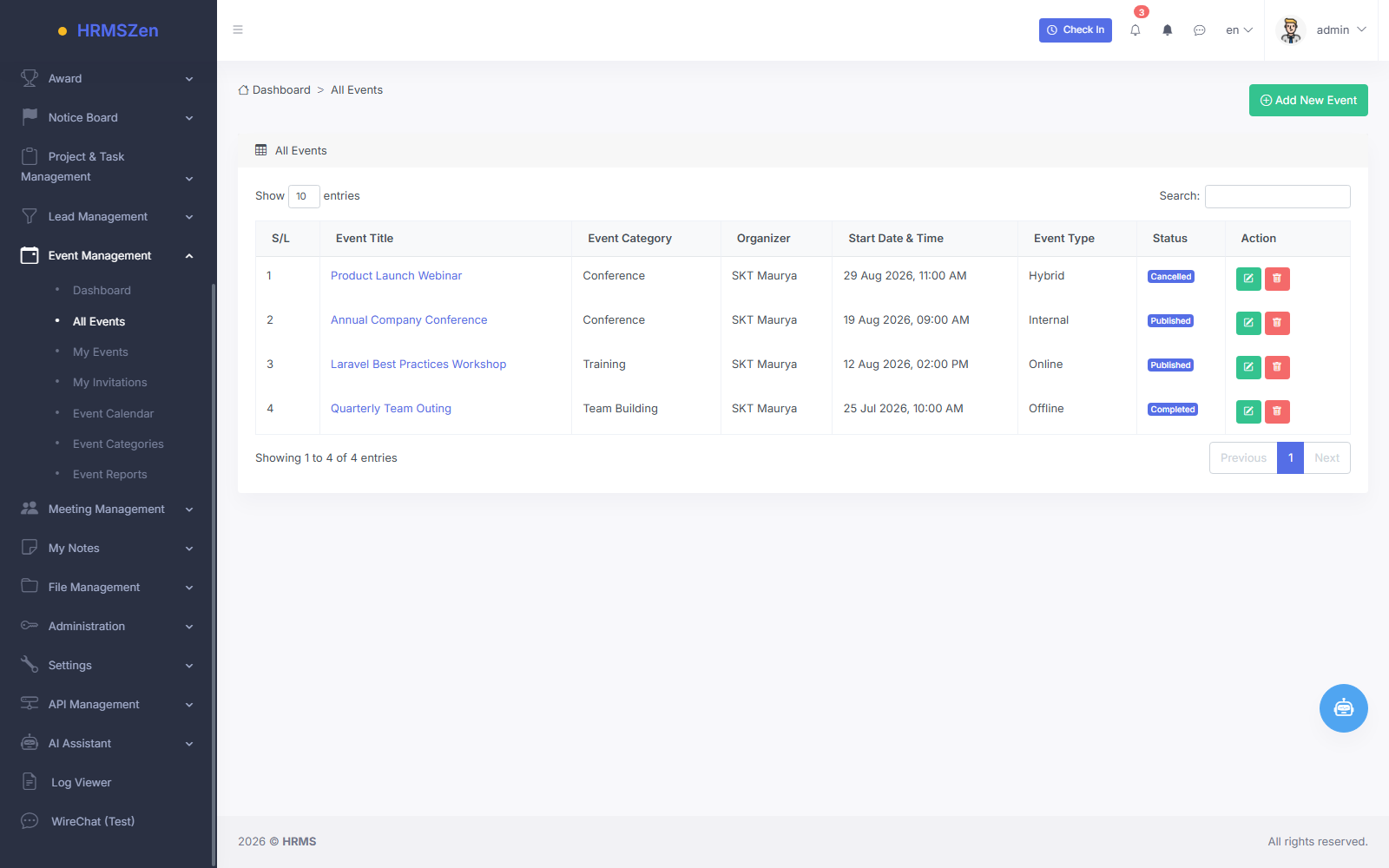 Events Calendar & Meeting Rooms screenshot from the HRMS application
