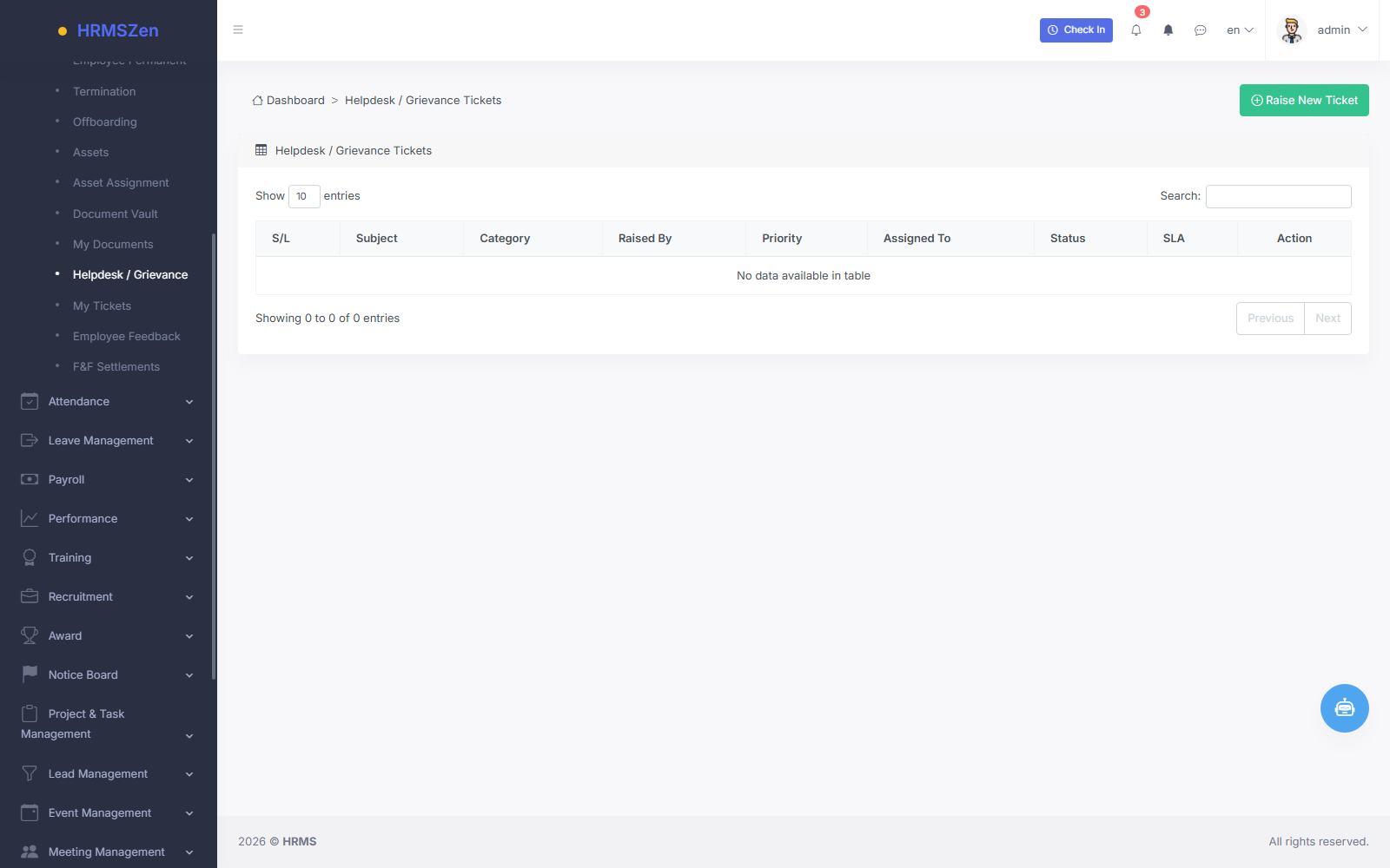 HR Helpdesk & Ticket System screenshot from the HRMS application