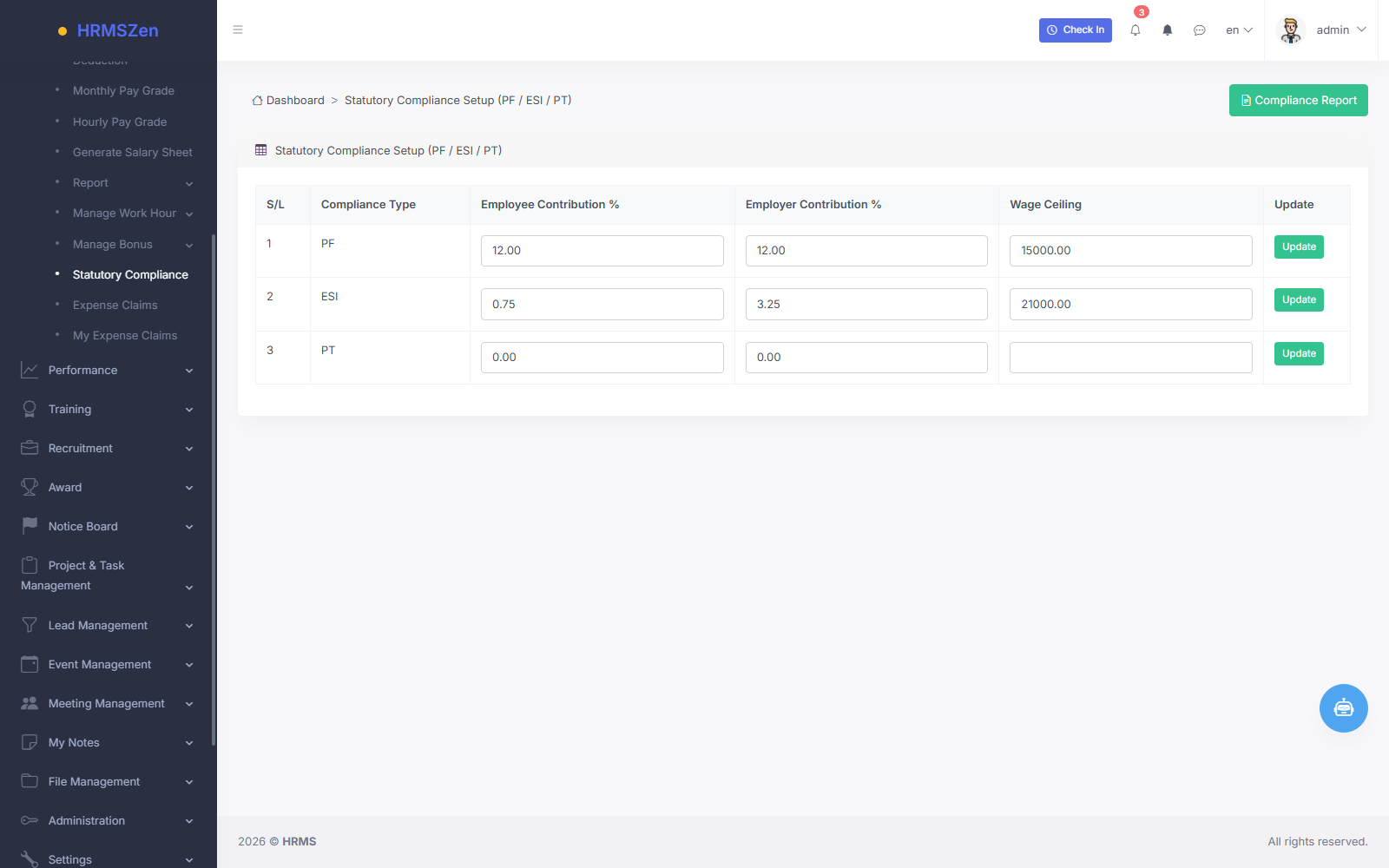 Statutory Compliance & Tax Setup screenshot from the HRMS application