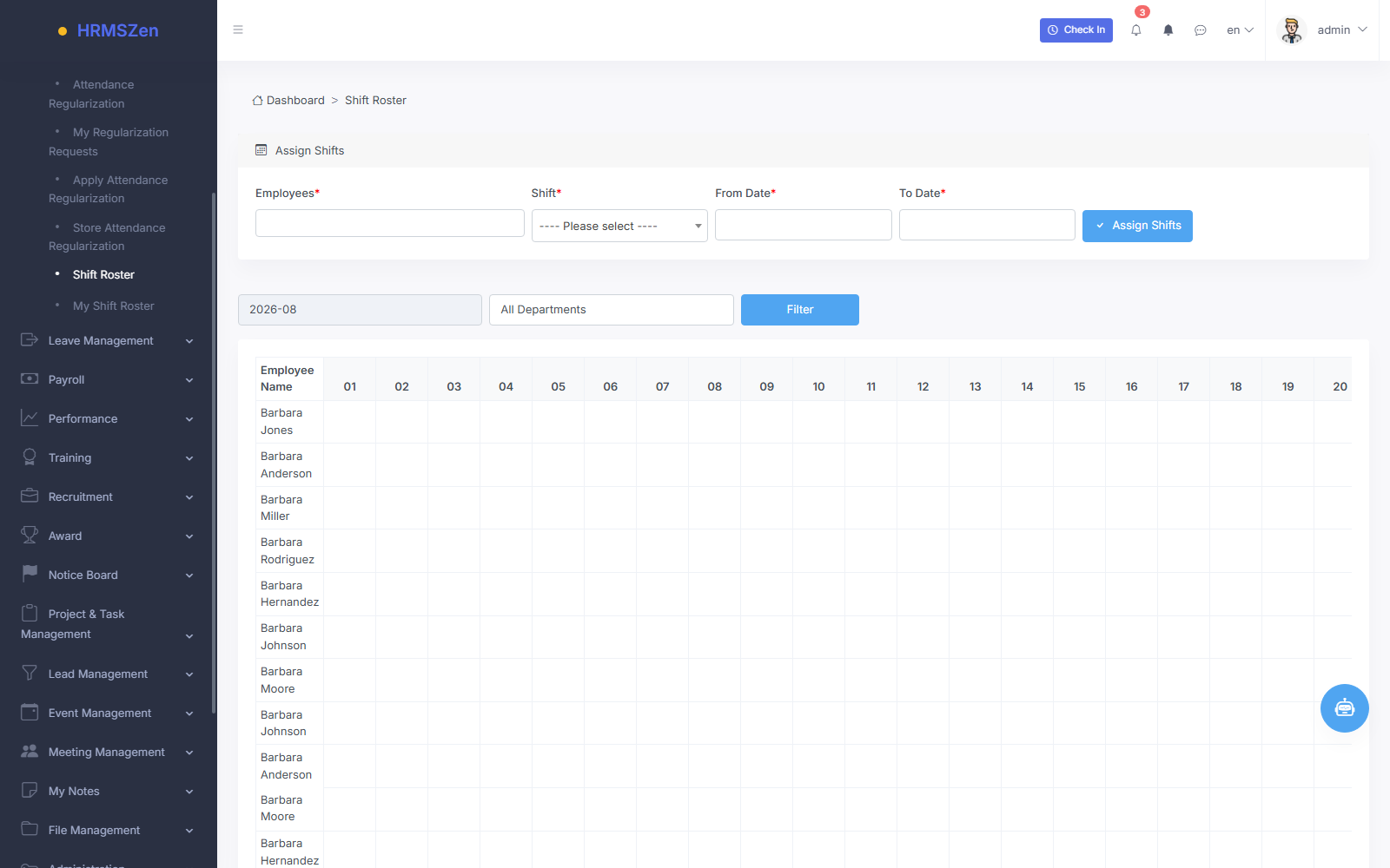 Shift Rosters & Work Shifts screenshot from the HRMS application