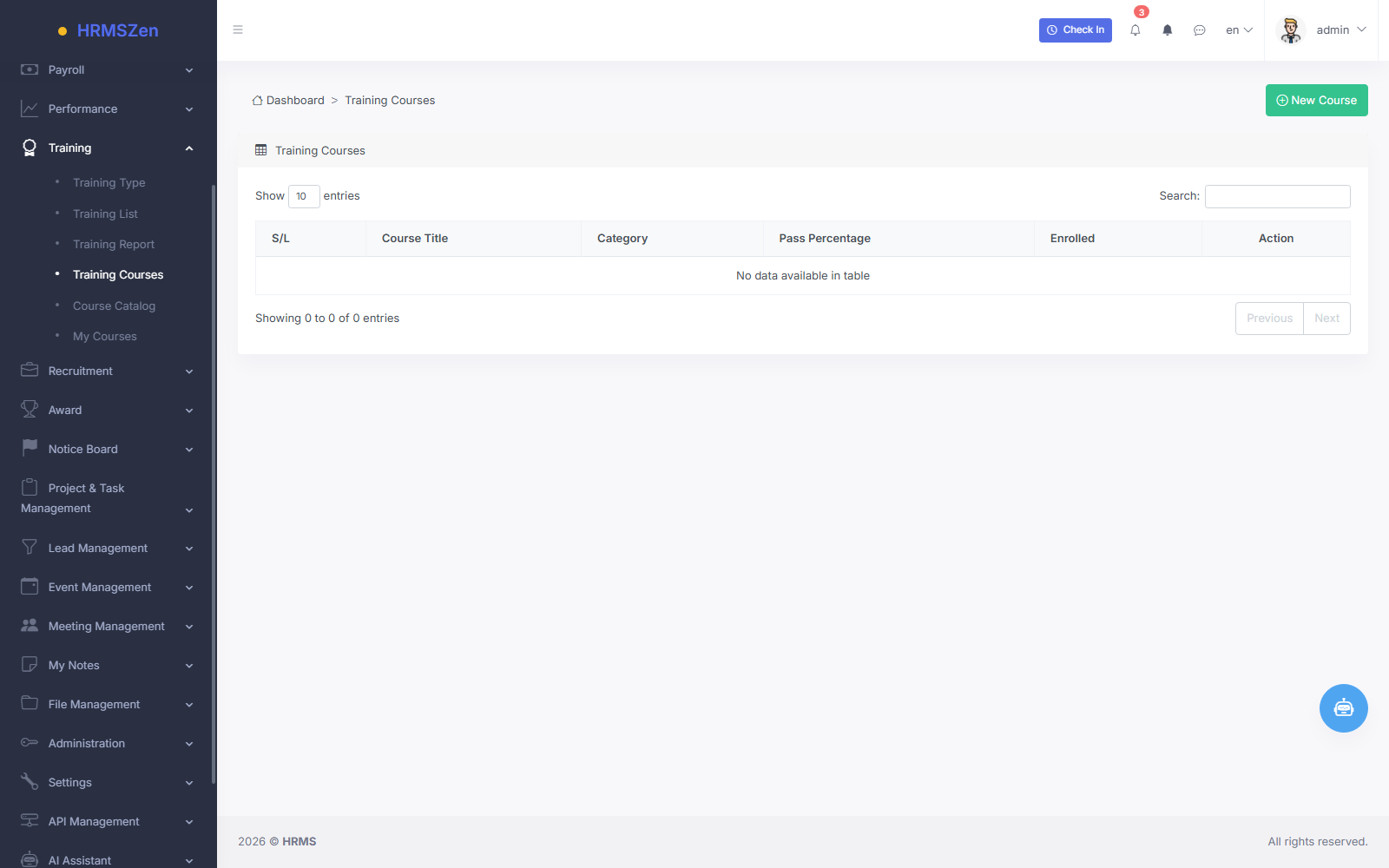 Course Catalog & Employee Training screenshot from the HRMS application