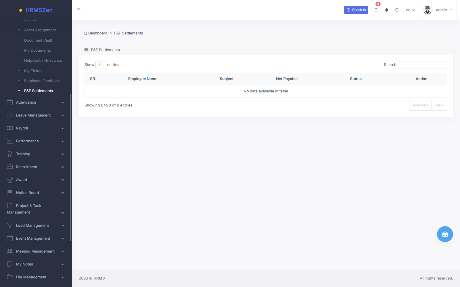 Full & Final (F&F) Settlement screenshot from the HRMS application